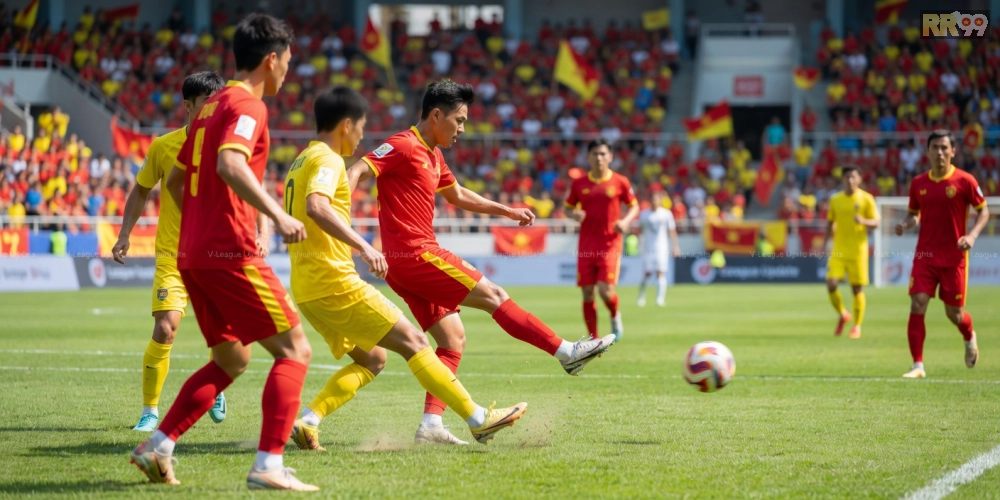 Hình ảnh cập nhật tin V-League từ rr99 với biểu tượng cầu thủ và sân vận động