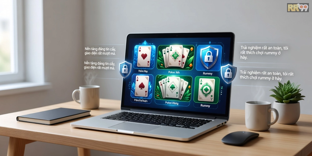 Minh họa khái niệm game bài uy tín rr99 với giao diện nền tảng chuyên nghiệp và các tựa game phổ biến
