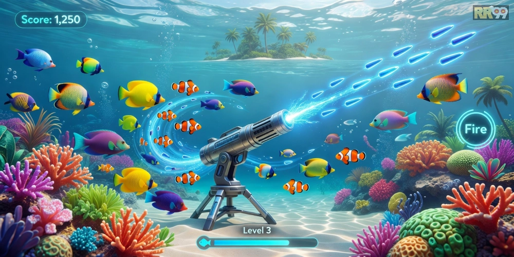 Minh họa giao diện game bắn cá rr99 với cá đa dạng và súng bắn