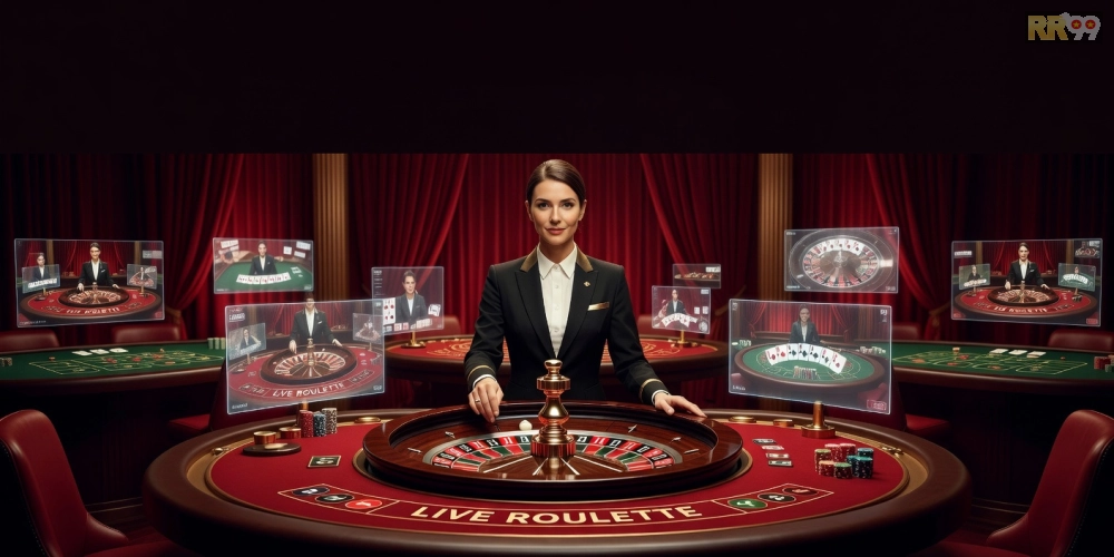 Minh họa khái niệm trực tiếp casino rr99 với dealer chuyên nghiệp và bàn chơi hiện đại
