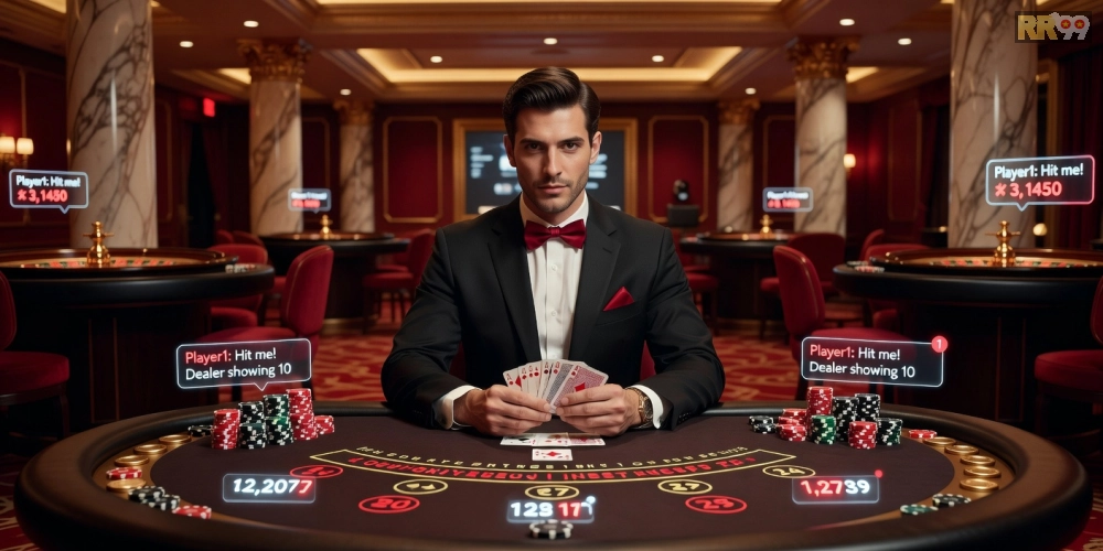 Minh họa khái niệm live casino rr99 với dealer chuyên nghiệp và bàn chơi hiện đại