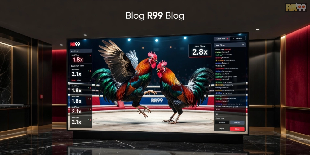 Minh họa khái niệm xem đá gà trực tiếp tại casino RR99 với giao diện phát sóng chuyên nghiệp